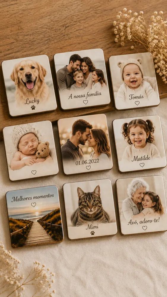 Conjunto de ímanes personalizados com família, bebé, animais e momentos especiais