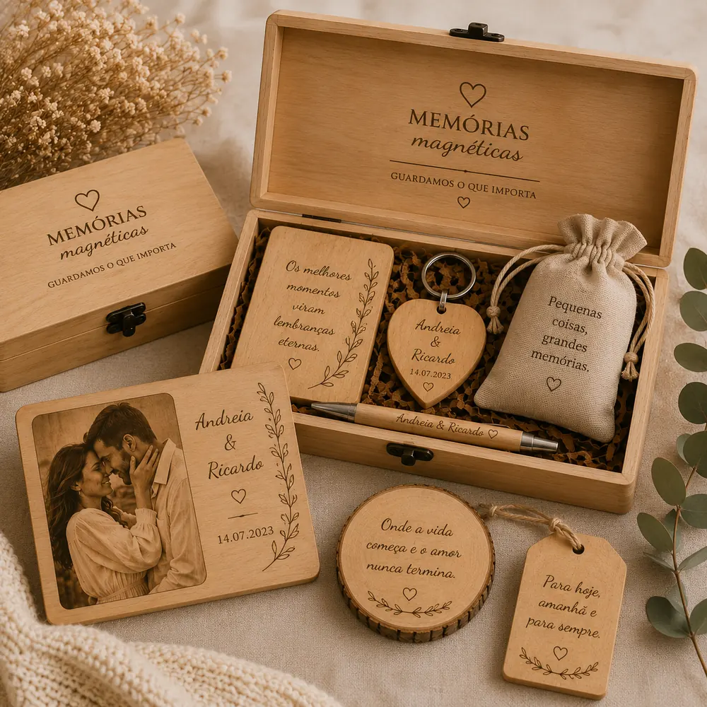 Caixa personalizada Memórias Magnéticas com lembranças de casal