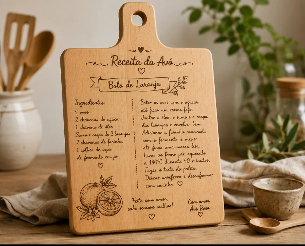 Tábua personalizada com receita da avó gravada a laser